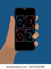 Vector isolated illustration of playing cards with neon effect. Online games.	