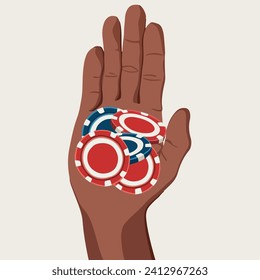Vector isolated illustration of poker chips in hand. Make bets.