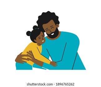 Vector isolated illustration with portrait of cartoon characters. African American young father hugs his little daughter. Daddy and baby girl are happy together, smiling. Healthy family relationships