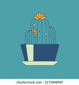 Vector isolated illustration of a potted cactus with yellow flowers on a teal green background. Minimal houseplant symbol