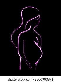 Vector isolated illustration of a pregnant woman. Contour drawing of a pregnant girl with a neon effect.