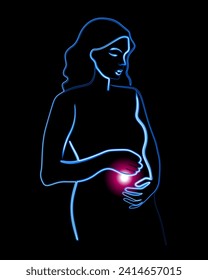 Vector isolated illustration of a pregnant woman. Contour drawing of a pregnant girl with a neon effect.	