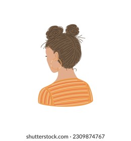 Vector isolated Illustration of pretty hairstyle of a lady with brunette, brown hair pulled up and tied in two balls. Open neck and shoulders, back view. Beauty fashion salon concept