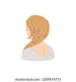 Vector isolated illustration of pretty hairstyle of a lady with blond hair collected in a long pigtail on the shoulder with decorations, flowers. Back view. Beauty fashion salon concept
