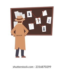 Vector isolated illustration of private Detective man stands and looks at detective board. Pinboard crime investigation map, pins threads wall criminal police clues evidence