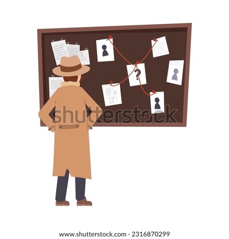 Vector isolated illustration of private Detective man stands and looks at detective board. Pinboard crime investigation map, pins threads wall criminal police clues evidence