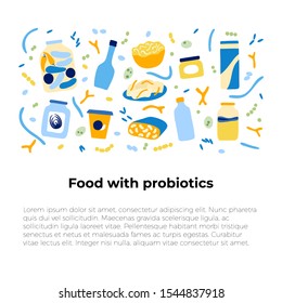 Vector isolated illustration of probiotic reach, fermented, food. Pickled vegetables, dairy products, kombucha, soy souce icon. Medical infographics for poster, educational, science 