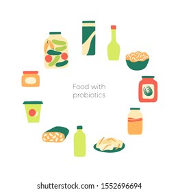 Vector isolated illustration of probiotic reach, fermented, food. Pickled vegetables, dairy products, kombucha, soy souce icon. Medical infographics for poster, educational, science 