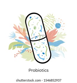 Vector isolated illustration of probiotics - good beneficial bacteria in pill. Lactobacillus, bifidobacteria, medicine icon. Medical infographics for poster, educational, science 