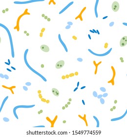 Vector isolated illustration of probiotics,  good beneficial bacteria and microorganisms. Lactobacillus, bifidobacteria, streptococcus icon. Seamless pattern 