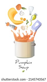 Vector isolated illustration of the process of cooking seasonal autumn cream pumpkin soup. Ingredients fall into the pot. Recipe concept. It can be used in typography, web design, banners, etc.