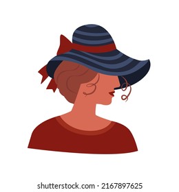 Vector isolated illustration with profile of a woman s head in an elegant hat with a wide brim. The concept of women hats.