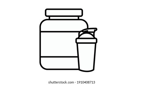 Vektorisolierte Illustration einer Proteinflasche und eines Proteinschüttlers. Flaches Protein-Symbol