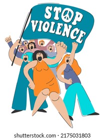 Vector isolated illustration of protesting crowd with a flag. Stop violence. Pacifist concept. Brigth colors.