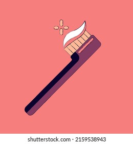 Ilustración vectorial aislada de un cepillo de dientes púrpura con pasta de dientes sobre un fondo de coral rojo. Contorno de la línea de esbozo negro. Símbolo acogedor del cuarto de baño