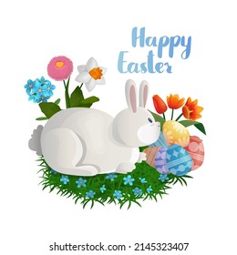 Vector isolated illustration rabbit with decorated eggs on background of flowers and lettering of Happy Easter text. Concept an Easter greeting card, religious holiday.