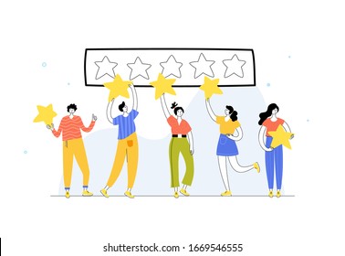 Vector isolated illustration of rating feedback and customer review concept. People standing and holding stars. 5 star gold rank. Flat illustration on white background. Email banner design
