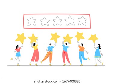 Vector ilustra de forma aislada el concepto de evaluación de la calificación y del cliente. Gente parada y sosteniendo estrellas. Rango de oro de 5 estrellas. Ilustración plana sobre fondo blanco. Diseño de banners de correo electrónico
