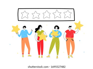 Vector isolated illustration of rating feedback and customer review concept. People standing and holding stars. 5 star gold rank. Flat illustration on white background. Email banner design
