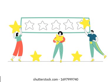 Vector ilustra de forma aislada el concepto de evaluación de la calificación y del cliente. Gente parada y sosteniendo estrellas. Rango de oro de 5 estrellas. Ilustración plana sobre fondo blanco. Diseño de banners de correo electrónico
