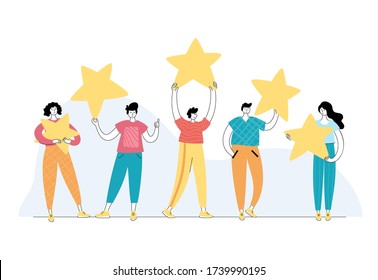 Vector isolated illustration of rating feedback and customer review concept. People standing and holding stars. 5 star gold rank. Flat illustration on white background. Email banner design.