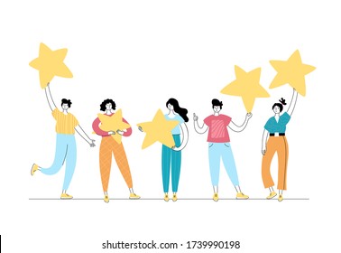 Vector isolated illustration of rating feedback and customer review concept. People standing and holding stars. 5 star gold rank. Flat illustration on white background. Email banner design.