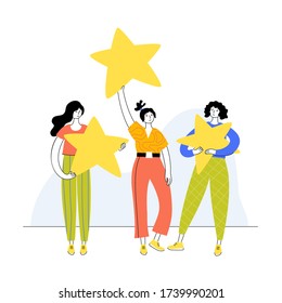 Vector ilustra de forma aislada el concepto de evaluación de la calificación y del cliente. Niñas de pie y portando estrellas. Ilustración plana sobre fondo blanco. Diseño de banners de correo electrónico