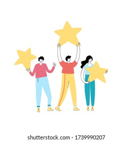 Vector isolated illustration of rating feedback and customer review concept. People standing and holding stars. Flat illustration on white background. Email banner design