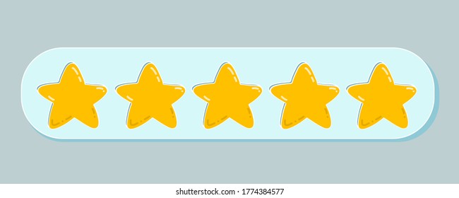 Vector isolated illustration of a rating of five golden stars. Feedback, reputation and quality concept of products, goods and services. Customer service, flat icon for apps and websites.