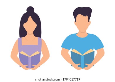 Vector isolated illustration reading a book portrait waist-deep. Illustration with a woman and a man with a book in their hands in a flat style for the design of sites, library applications