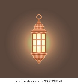 Vector isolated illustration of realistic classical hanging copper lantern. Shining three-dimensional lamp with lighting effect on a brown background
