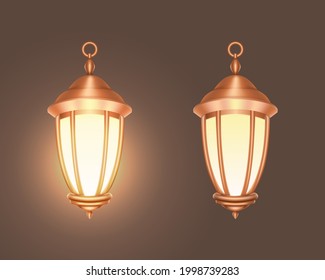Vector isolated illustration realistic hanging copper lantern on brown background