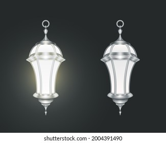 Vector isolated illustration realistic hanging steel lantern on dark background