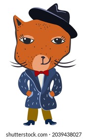 Vector isolated illustration of red cat in black fedora hat, red bow tie and blue fur coat.