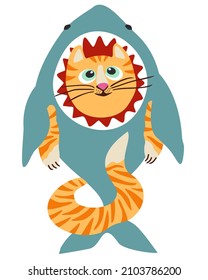 Vector isolated illustration of red cat in a costume of shark.