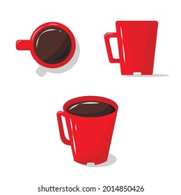 Vector isolated illustration. Red cup of coffee or tea. Top view tableware.