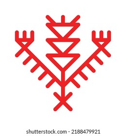 Vector isolated illustration with red simplified symbol of bellflower. Outline icon of campanula is ornamental element of Karelia and Finland nations. Decorative sigh of plant for native embroidery