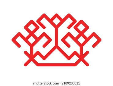 Vector isolated illustration. Red simplified Finnish symbol of bush with berries. Outline icon of flowers and shrub is national Karelian ornamental element. Decorative sigh of plant for embroidery