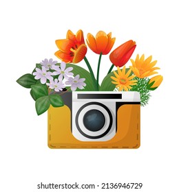Ilustración vectorial aislada con cámara retro, decorada con flores primaverales. El concepto de la época de primavera, romance, viajes.