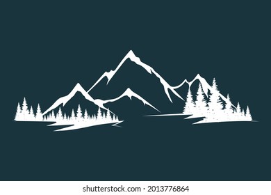 Vector isolated illustration with rocky mountain peak silhouette with fir trees and tree valley. Landscape and scenery.