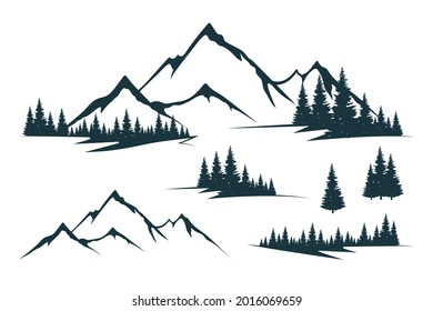 Vector isolated illustration with rocky mountain peak silhouette, fir trees and tree valley. Mountain with forest. Landscape and scenery.