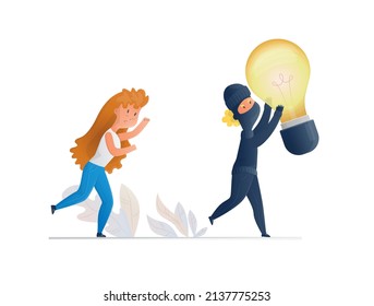 Vector isolated illustration scene of fleeing thief with light bulb and woman author who catches up with him. Concept plagiarism, theft of ideas, copyright.