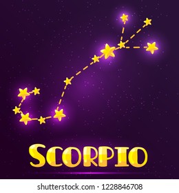 vector isolated illustration of scorpio constellation. bright and brilliant zodiac sign with gold stars for print and design. horoscope symbol in outer space.
