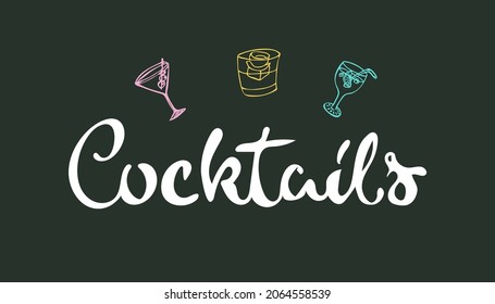 Vektoreinzelne Illustration des Skripts Cocktails mit mehrfarbigen Ikonillustrationen von Gläsern mit schwarzem Hintergrund und weißen Buchstaben im EPS-Dateiformat, Handschrift in Montez-Schriftart