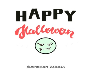 Vector isolated illustration of the script Happy Halloween with monster face, handwritten brush-lettering Happy Halloween for cards, posters, prints, decoration, apps, EPS