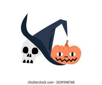 Vector isolated illustration with scull, witch's hat and pumpkin. Halloween jack o lantern