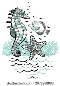 Vector isolated illustration of sea horse, starfish, fishes, corals and waves. Underwater concept. Black and blue.