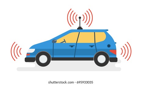 Vector Isolated Illustration Of Self Driving Car. Blue Autonomous Driverless Machine With Gps And Antenna. Future Technologies In Flat Style