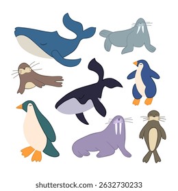 Vector isolated illustration set of arctic sea animals on white background.