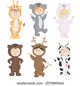 Vector isolated illustration of a set of children in animal costumes. Cute cartoon kids like bear, lama, koala, cow, girage, deer
